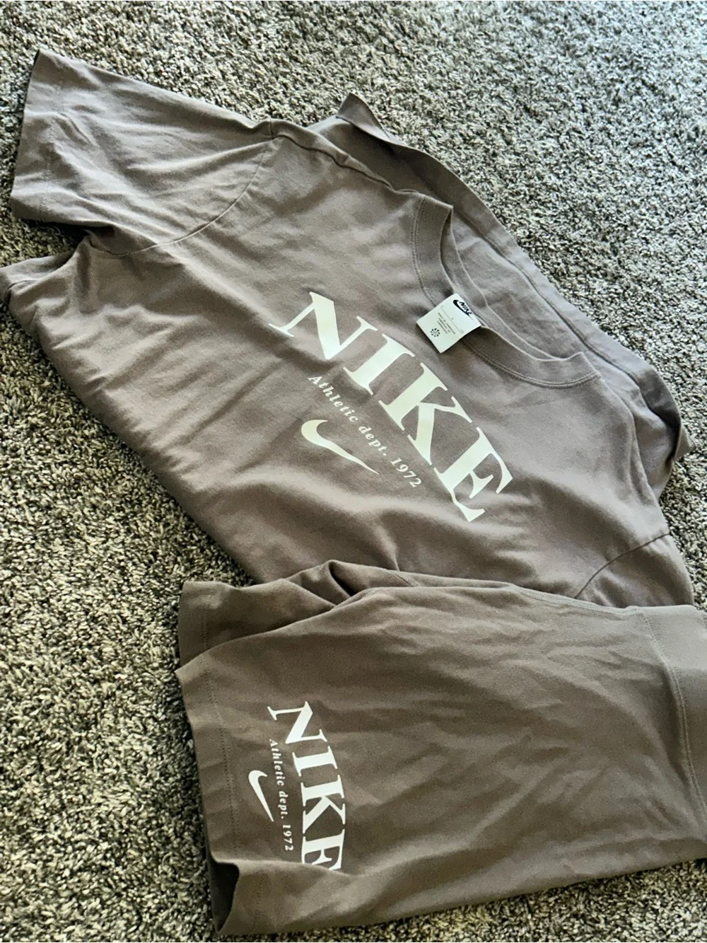 Nike Women's short Sleeve Tee in Taupe with White Logo with shorts